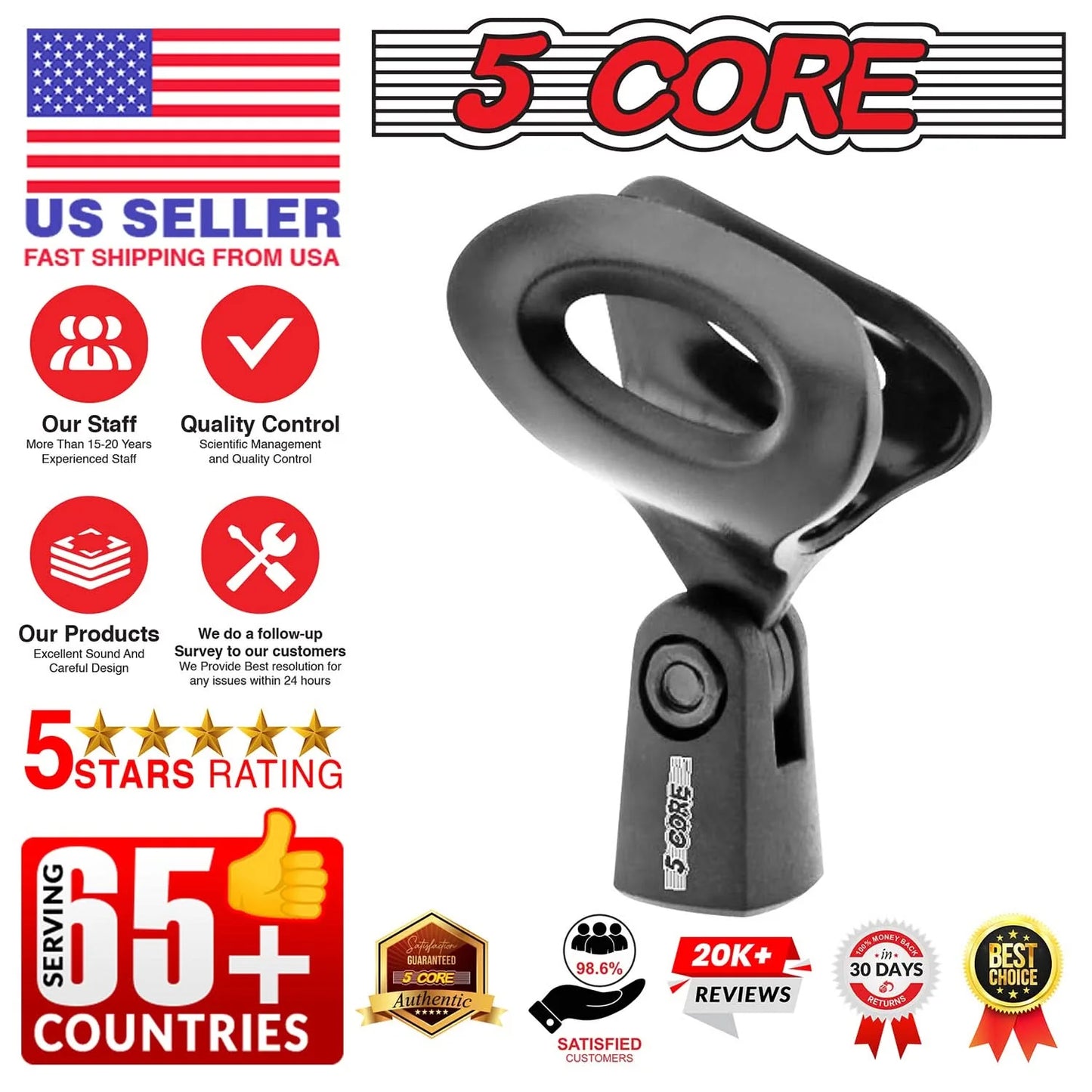 5 Core Microphone Clip Holder Set of 4 with Screw Adapters (5/8" to 3/8")