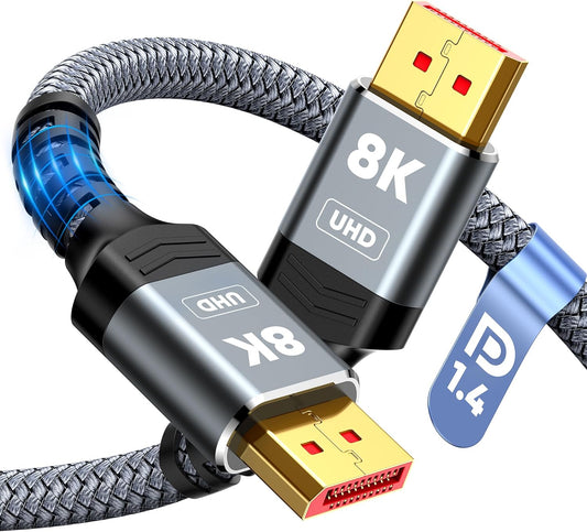 High-Speed 8K 4K DisplayPort 1.4 Cable, 6.6FT VESA Certified, Supports 8K@60Hz, 4K@144Hz, 2K@240Hz/165Hz, 32.4Gbps, Ideal for Gaming Monitors, Braided Design, Grey